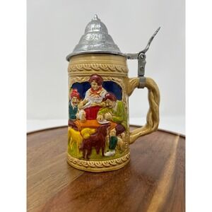 Vintage‎ German Beer Stein Ceramic Pewter Lid Collectible Figurine Scene
